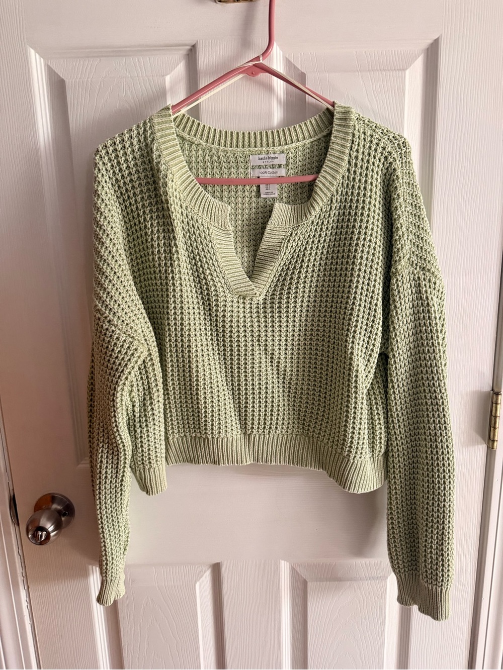 Haute Hippie Light Sage Green Waffle V-Neck Sweater